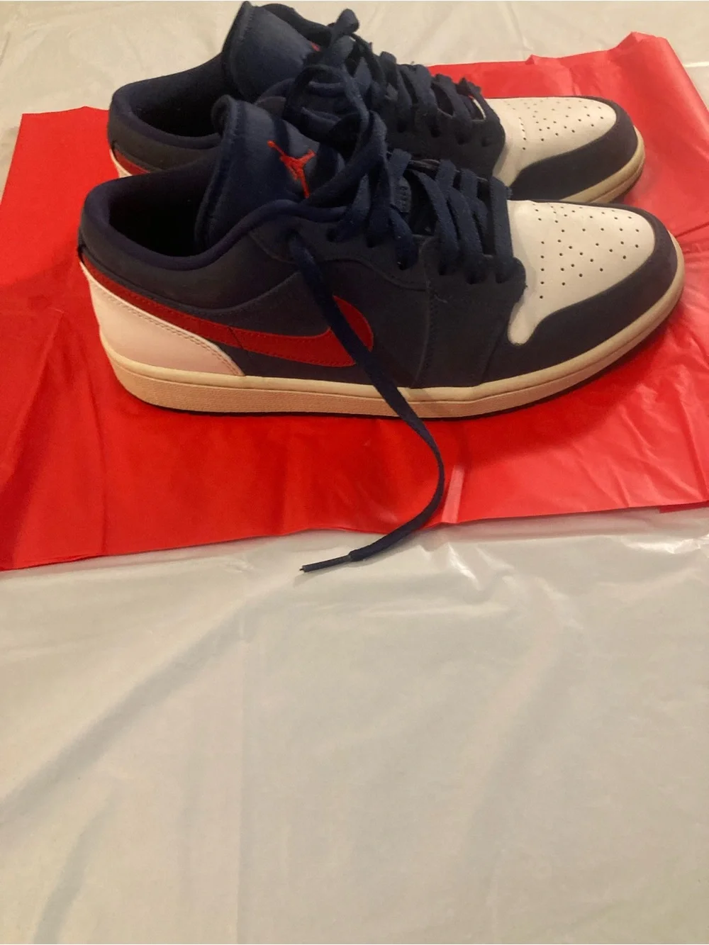 Nike Navy and White Low-Top Sneakers with Red Jumpman